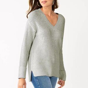 Nine West Stitch Front  V-neck Drop Shoulder Sweater in Gray Neutral Women's 2X